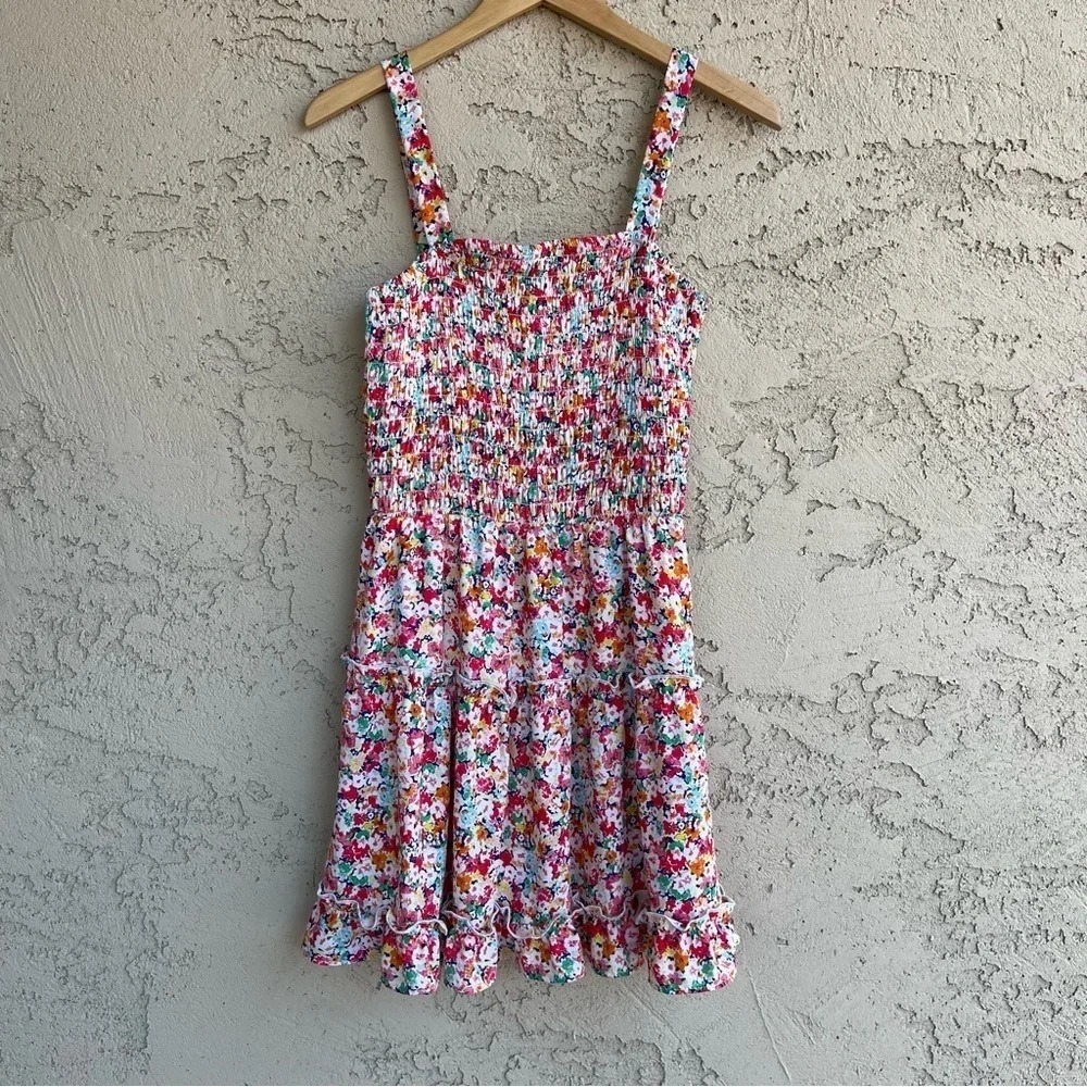 Sienna Sky Floral Smocked Ruffle Trim Sleeveless Mini Dress Women's Size Medium